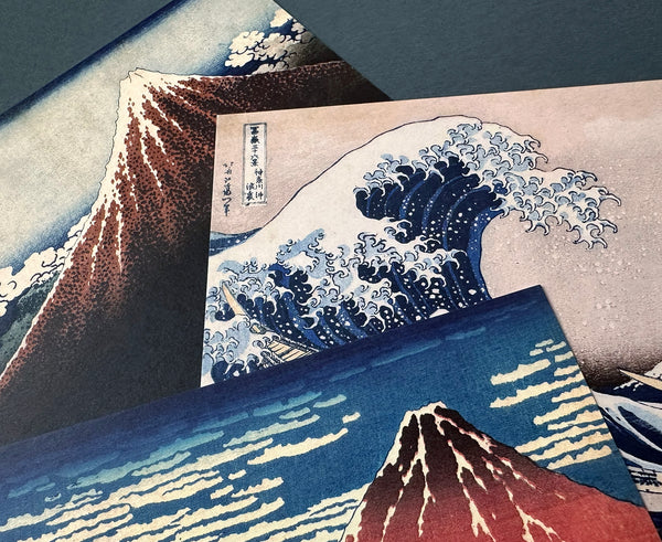 Hokusai 36 views of Mount Fuji with The Great Wave, Red Fuji, Black Fuji.  Also known as the Big Three