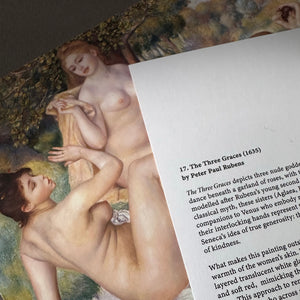 Peter Paul Rubens's painting 'The Three Graces' with a analysis excerpt about the painting.  Behind it is Renoir's Large Bathers.
